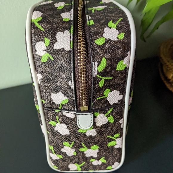 Michael Kors Jet Set Large Zip Travel Cosmetic Pouch Brown Pink Floral Print - Picture 3 of 13